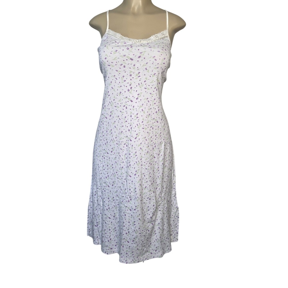 Coquette Nightgown Womens L White Purple Floral Lace Trim Cotton Sleepwear Midi